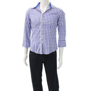 J. Mclaughlin Mens Spread Cotton Check Button Up 3/4 Sleeve Blue Size 6